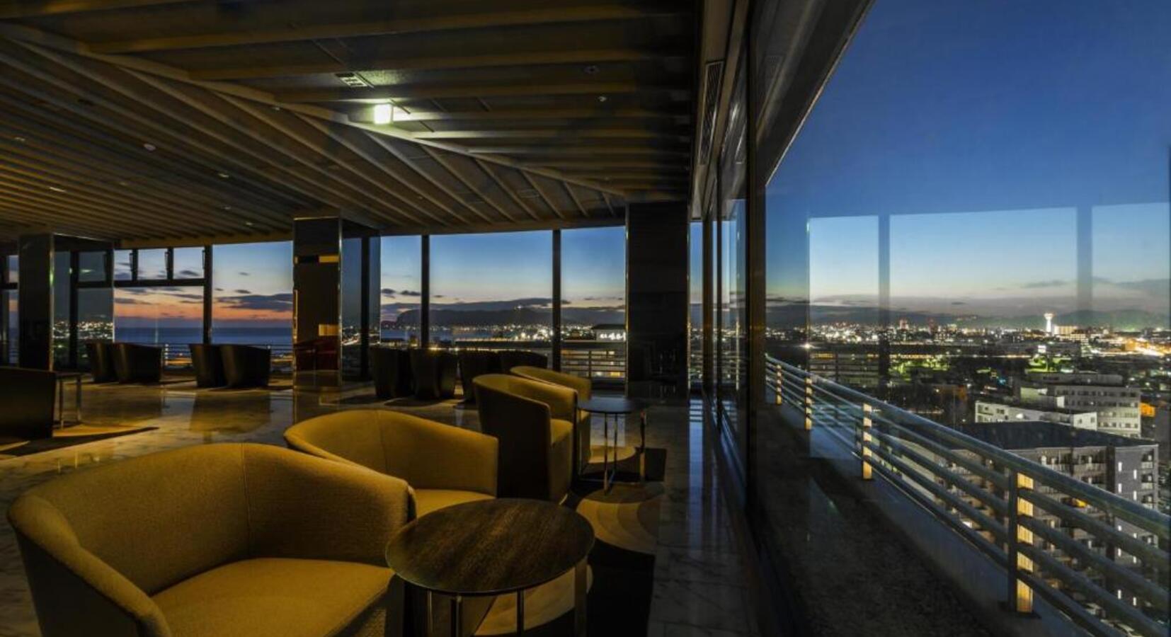 Lounge Overlooking City Skyline