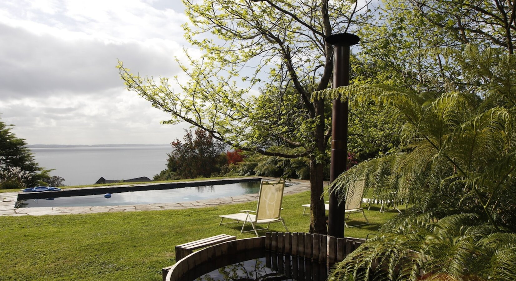 Outdoor hot tub with lake views