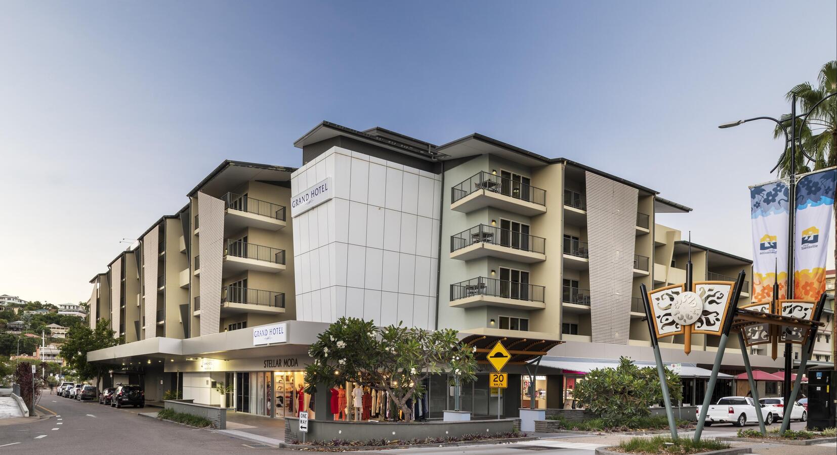 Hotel Exterior with Shops