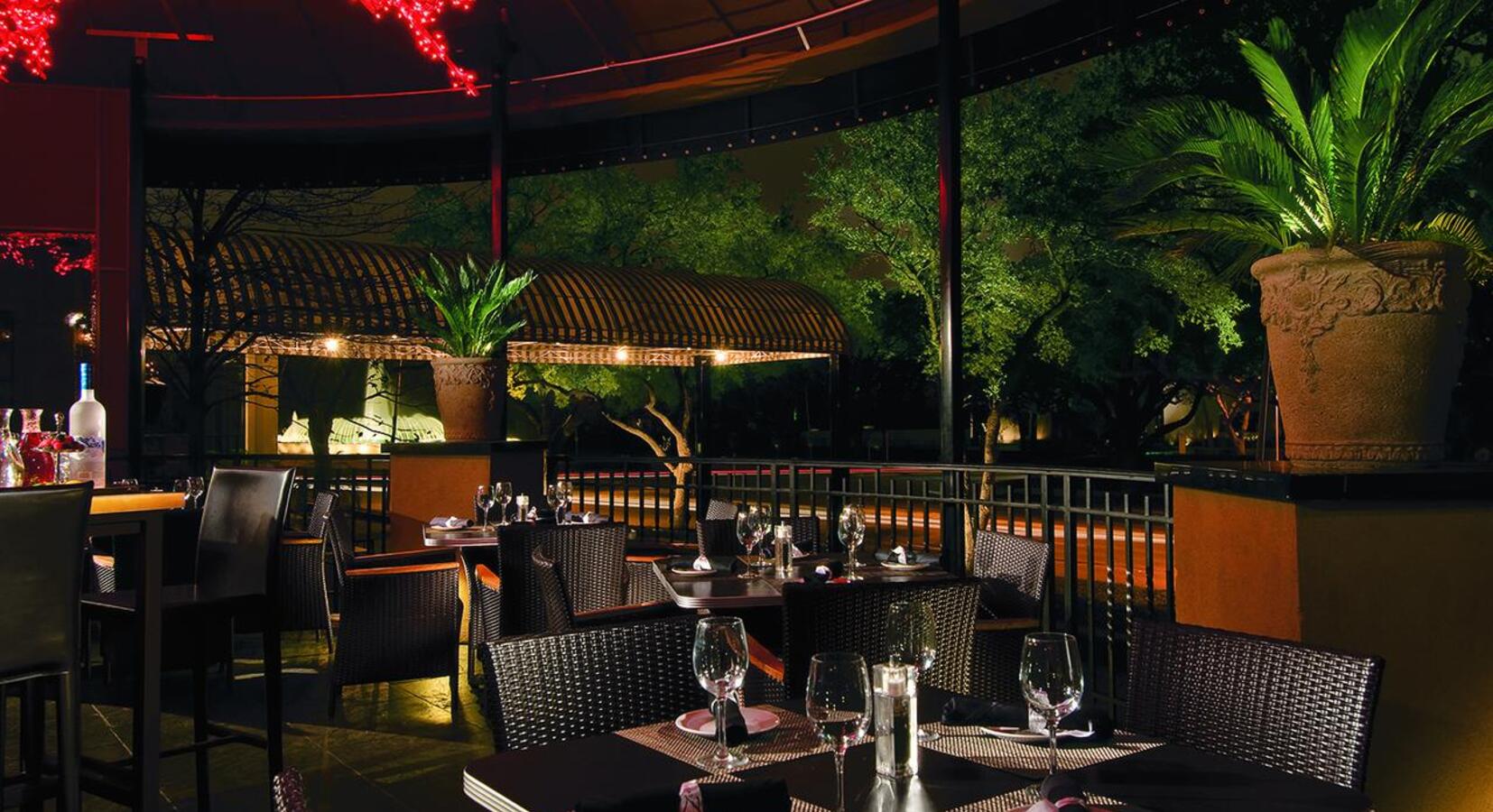 Terraced dining area by night