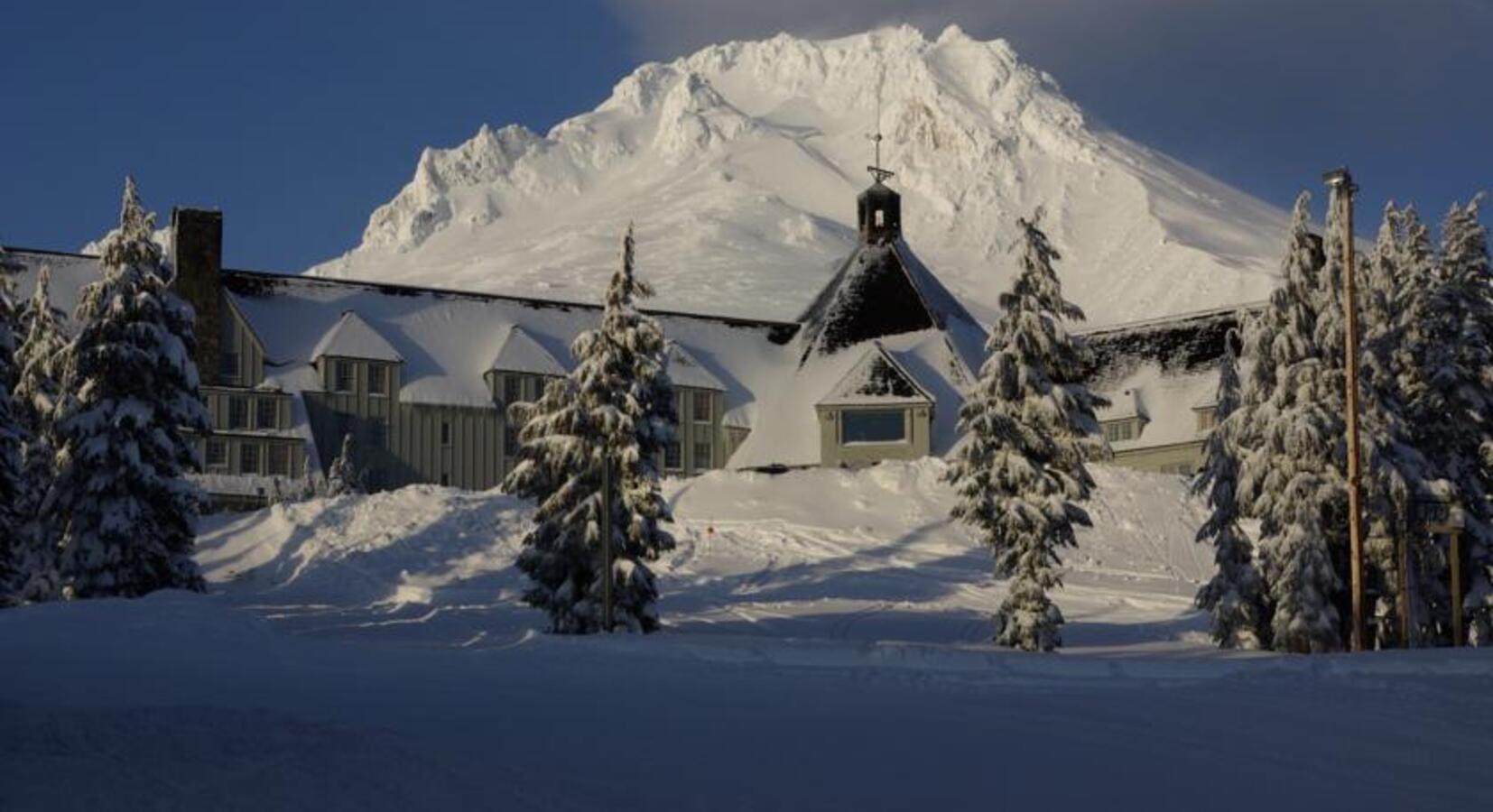 Hotel exterior in winter with Mt Hood