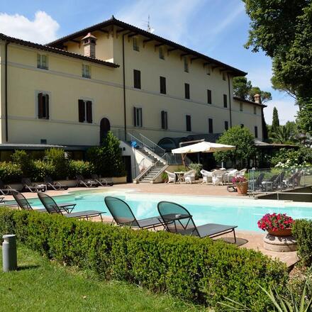 Hotel facade and pool