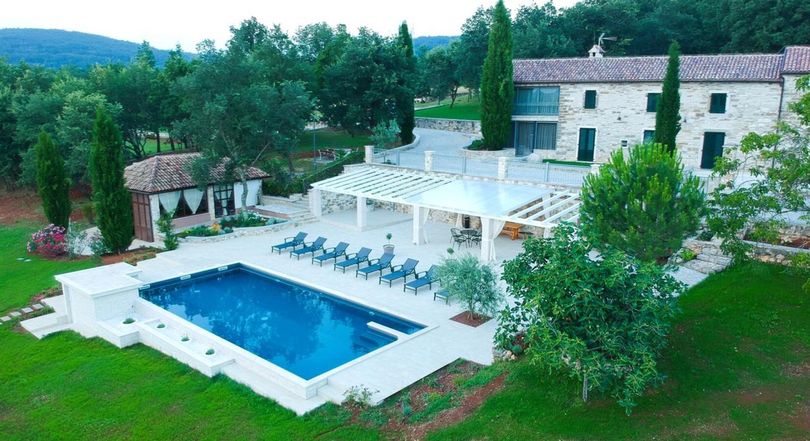 Aerial view of hotel and pool