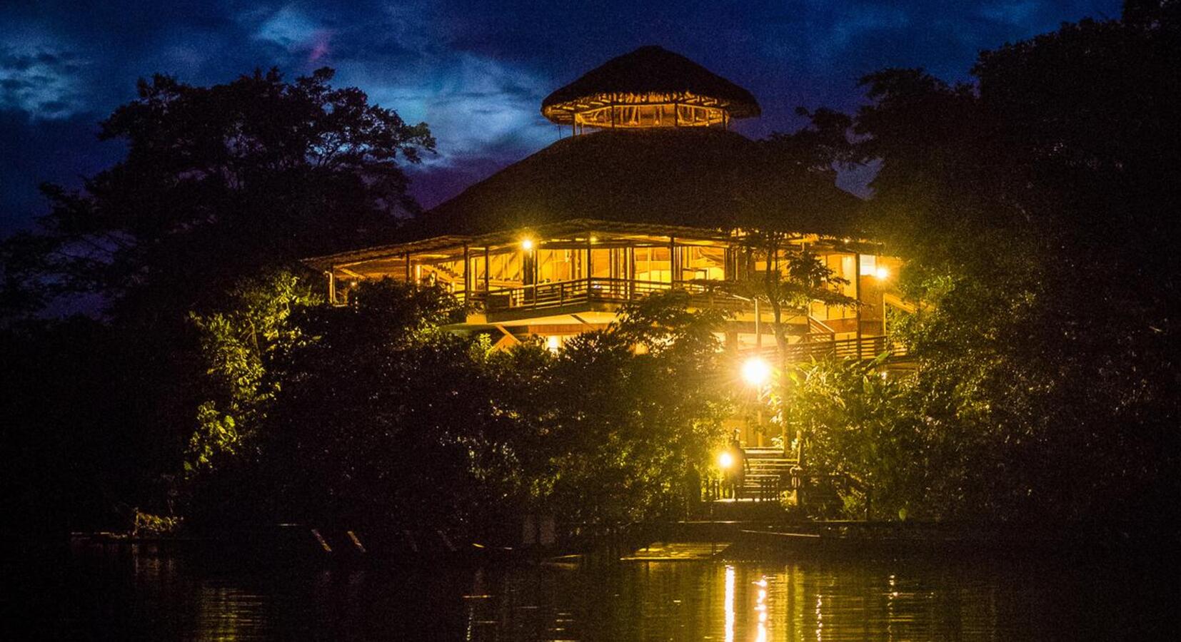 View of lodge at night