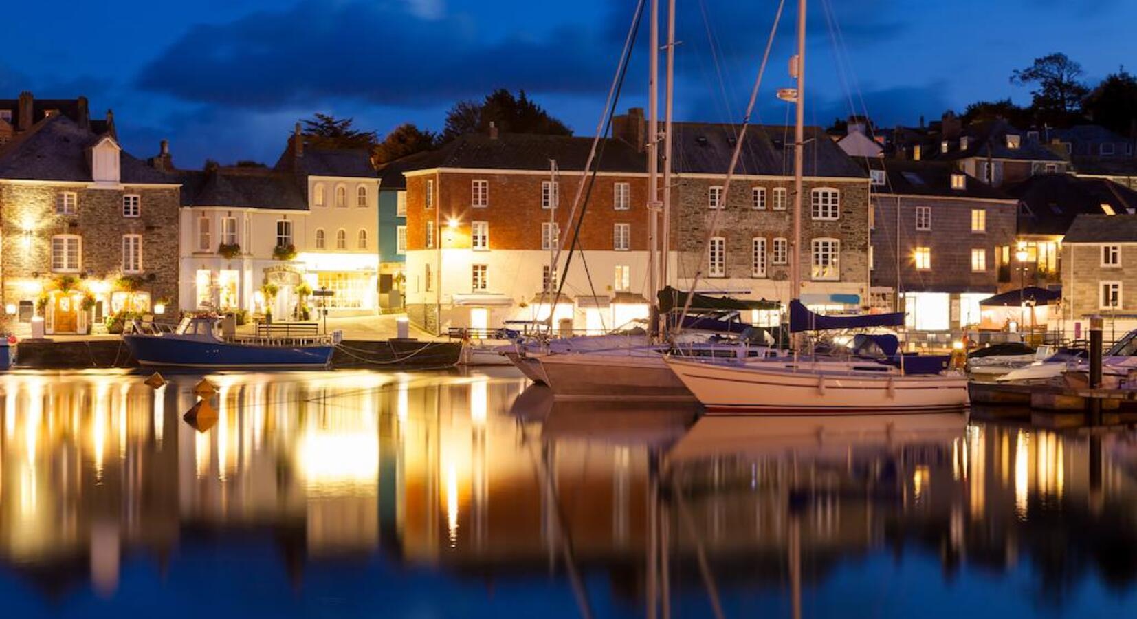 Padstow harbour lights up at night