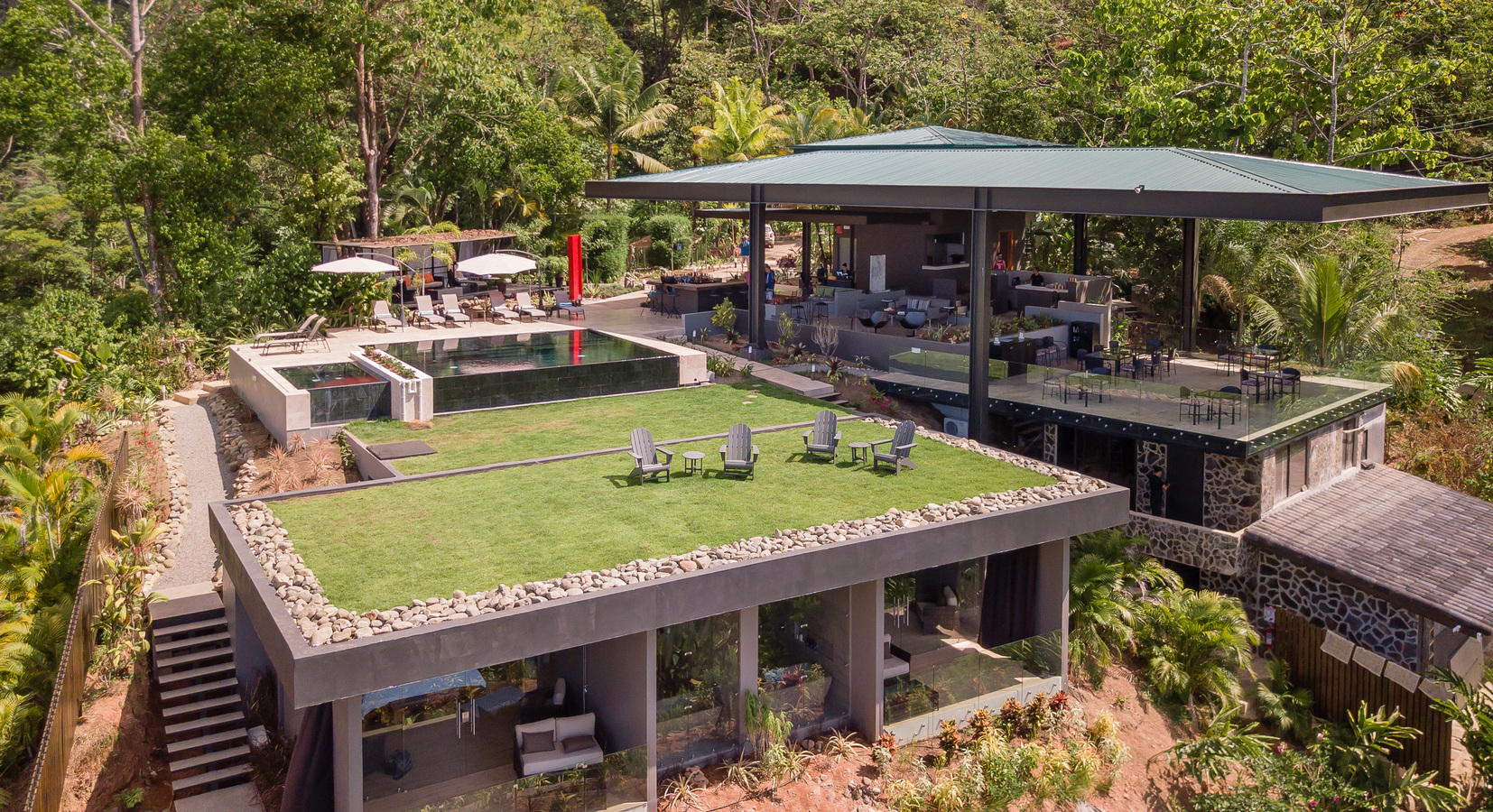 Drone's eye view of Rancho Pacifico clubhouse and pool