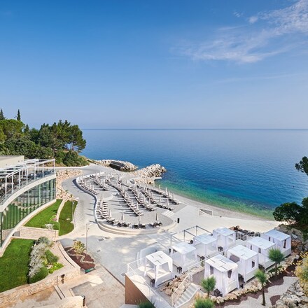 Aerial view of hotel and private beach