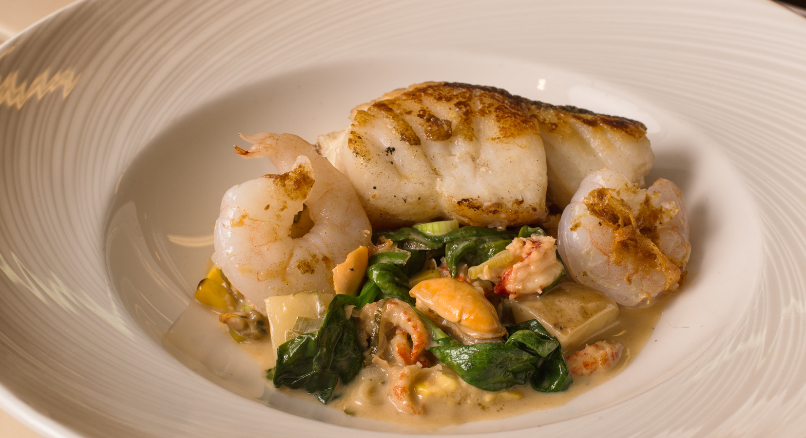 Grilled salt cod, shellfish chowder